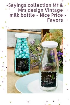 a bottle filled with lots of blue and green balls next to a glass jar full of candy