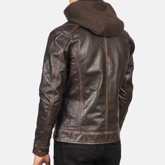 This hooded vintage leather jacket for men perfectly blends rugged style with a contemporary touch. This glossy and polished brown jacket is made from premium, fine-quality full-grain leather, which ensures durability and comfort. This vintage brown leather jacket is a must-have for your fall and winter evenings. This brown leather jacket with hood features a detachable hood and contrast-rich brown hues, making it versatile outerwear for every occasion. It has four functional zipper pockets on t Casual Brown Leather Jacket With Double-needle Stitching, Brown Hooded Leather Jacket With Detachable Hood, Brown Rugged Biker Jacket For Outdoor, Rugged Brown Biker Jacket For Outdoor, Brown Leather Jacket With Detachable Hood, Brown Urban Biker Jacket For Winter, Urban Brown Biker Jacket For Winter, Urban Brown Winter Biker Jacket, Brown Leather Jacket With Double-lined Hood For Fall