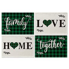 four green and white coasters with the words family, love, and home on them