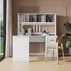 a desk with a chair and bookshelf in front of a window