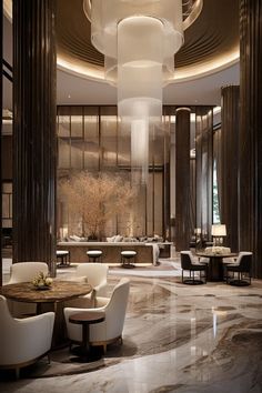 an elegant dining room with chandelier and marble flooring