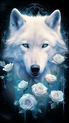 a white wolf with blue eyes surrounded by roses