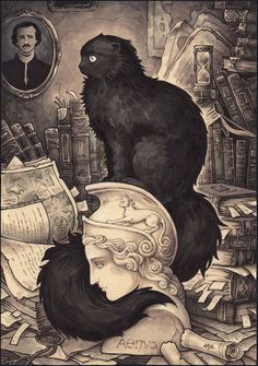 a black cat sitting on top of a pile of books next to a woman's head