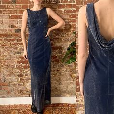 Vintage 1990s Steel Blue and Silver Threaded Cowl Neck Low Back Formal Tank Maxi Dress - Features a high boat neck at front and low cowl neck back - Bodice has blue matching sequins and the whole rest of the body features a stretchy mesh steal blue and silver threaded material - There is a Talon zipper on the left side under the arm pit - Dress has a stretchy opaque blue under layer with the mesh material over lay - In great vintage condition. - Fits like a women's size Medium Tag: Blondie and Me Evening By Linda Bernell  Size 9/10 70% Acetate 30% Mylar Lining 100% Polyester Made in USA Measurements: all measurements are done flat and are not doubled Shoulders- 12" Chest- 17-19"  Waist- 14.5"-16.5" Hips- 18.5"-21.5" Length- 57" chest to hem. Model is a 32A bust, 25" waist, 36" hip, 5'8 ft Cowl Neck Bias Cut Evening Dress, Blue Cowl Neck Party Dress, Blue Fitted Cowl Neck Dress, Sequin Dress Cowl Neck, Fitted Sleeveless Vintage Sequin Dress, Maxi Dres, Body Features, Maxi Tank Dress, Mesh Material