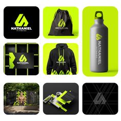 various logos and designs for water bottles, gym bags, and other sports apparels