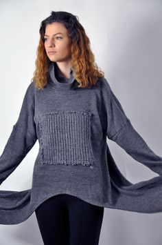 "Winter Wool Sweater, Dark Gray Sweater, Women Sweater, Warm and cozy sweater. Your winter days will be made easier with this practical loose sweater. With it you will feel very free. It is easy to combine. It is made of woolen knitting with an applique of woolen knitting. Unique and comfortable. ✂ Fabric: 100% wool Care - Hand wash , 30 Degree ◾ The style I used was originally designed and professionally constructed by me. Each item of my shop is specially packaged with a lot of concern! Handma Winter Relaxed Fit Funnel Neck Sweater, Knitted Tops For Cold Weather And Winter, Knitted Tops For Cold Weather In Winter, Winter Cotton Knit Sweater, Cotton Knit Sweater For Winter, Knitted Long Sleeve Tops For Cold Weather, Relaxed Fit Knit Sweater With Funnel Neck, Funnel Neck Sweater With Relaxed Fit, Knitted Long Sleeve Tops With Cozy Fit