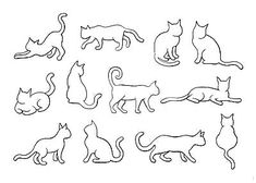 a bunch of cats that are standing in the same direction on a white background with black outline