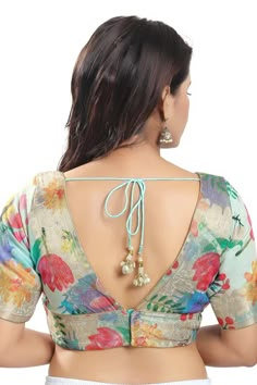 Buy Women's Pastel Blue Brocade Printed Readymade Saree Blouse Online - KARMAPLACE — Karmaplace Blouse Designs For Floral Sarees, Open Neck Blouse Design, V Neck Blouse Designs Saree, Color Neck Blouses For Sarees, New Trend Blouse Designs, Trendy Blouse Designs Back Neck, Unique Blouse Designs Saree, Blause Desine Latest Back, Collar Neck Blouse Designs