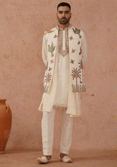 Off White Embroidered Kurta Set With Jacket Kalpraag - Fabilicious Fashion Luxury White Bandhgala For Festive Occasions, Luxury Cream Nehru Jacket, Luxury Nehru Jacket For Spring, Kurta Designs Men's For Wedding, Mens Pithi Outfit, Luxury White Sherwani With Pallu, Luxury Beige Bandhgala With Dabka, Luxury White Nehru Jacket With Dabka, Luxury Bohemian Nehru Jacket With Floral Embroidery