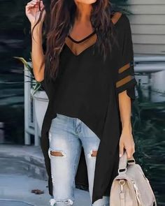 Lasaky - Contrast Knit Dolman Sleeve High Hem Top and Bottom Black Outfits Summer, Casual Black Outfits, Designer Fashion Outfits, Asymmetric Shirt, Batwing Sleeve Top, Fashion Outfits Women, Loose Clothing, Black Outfits, Sweatshirt Women