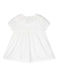 white cotton broderie anglaise round neck ruffle collar short puff sleeves rear button fastening faux-pearl buttons empire line Cotton Puff Sleeve Dress With Ruffles, Short Sleeve Puff Dress With Ruffles For Daywear, Solid Color Cotton Puff Sleeve Dress With Ruffles, Cotton Puff Sleeve Dress For Daywear, Classic Puff Sleeve Summer Dress, Elegant Short Sleeve Eyelet Dresses, Short Sleeve Puff Dress With Lace Trim, Puff Sleeve Broderie Anglaise Dress For Daywear, Daywear Puff Sleeve Dress With Lace Trim