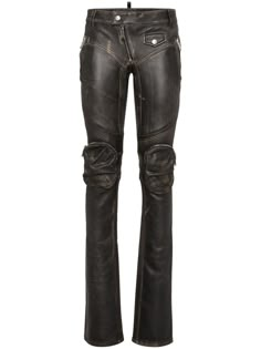 Find DSQUARED2 Bootcut Leather Trousers on Editorialist. black leather contrast stitching low-rise belt loops front button and zip fastening multiple zip-fastening pockets two rear patch pockets bootcut ankle zips Low Contrast Style, Designer Leather Pants, Studded Leather Pants, Cool Leather Pants, Low Rise Leather Pants, Chrome Hearts Leather, Trousers With Belt, Boyfriend Outfit, Concept Clothing