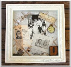 an old photo frame with family pictures and a clock