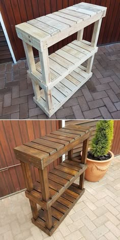 two pictures side by side one has a wooden shelf and the other has a potted plant