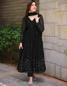 trendy black fox georgette traditional function wear readymade anarkali suit collection with black fox georgette 37.8285714285714 Front View