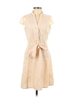 H&M Casual Dress Size: 8 Ivory Dresses - used. 35% Viscose, 33% Cotton, 26% Polymide, 6% Elastane, Wrap, Tie Neck, Knee Length, Short Sleeve | H&M Casual Dress - Wrap: Ivory Dresses - Used - Size 8 Cream Summer Dress For Work, H&m Midi Dress For Daywear, Cream Knee-length Dress For Daywear, Fitted Cream Shirt Dress For Summer, Fitted Cream Shirt Dress For Daywear, H&m Cotton Midi Dress, Spring Formal Neutral Dresses, Cream Midi Shirt Dress For Spring, H&m Sleeveless Midi Dress For Daywear