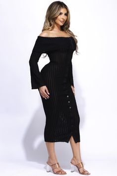 Step into a world of elegance with our "Flared Sleeve Off The Shoulder Black Midi Dress," your perfect companion for any upscale gathering. This versatile piece transitions seamlessly from a stylish cocktail midi dress to a chic wedding guest attire, making it an essential addition to your wardrobe. Crafted from a luxurious blend of 90% polyester and 10% spandex, this dress offers both comfort and a flattering silhouette. Key Features: High-Quality Material: Constructed with a durable and soft fabric blend that promises long-lasting wear and a comfortable fit. Elegant and Sophisticated Design: Features striking flared sleeves and an off-the-shoulder neckline, ideal for showcasing timeless style and grace. Versatile Styling: Perfect as a formal midi dress, it also doubles as a stunning even