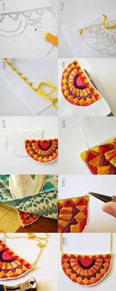 the instructions for how to sew an embroidered purse with scissors and thread on it