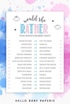 a baby shower game with the words, would she rather know who knows mommy best?