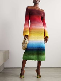 OSCAR DE LA RENTA Off-the-shoulder striped crocheted cotton midi dress | NET-A-PORTER Crocheted Dresses, Skirt Pattern Free, Crochet Wedding Dresses, Gorgeous Crochet, New York Outfit, Crochet Skirt Pattern, Skirt Patterns, Crochet Wedding, Rainbow Gradient