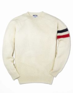 Shaggy Dog Sweater Blue University Stripe - Slim Fit | J. Press White Wool Crew Neck Sweater, White Crew Neck Sweater With Ribbed Collar, Classic White Sweater With Ribbed Cuffs, Classic Fitted Winter Sweatshirt, Classic White Crew Neck Sweater, Vintage White Sweater With Ribbed Cuffs, White Wool Winter Sweater, Cozy White Sweater With Ribbed Collar, Classic Cream Sweatshirt For Winter