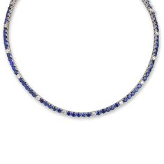 18kt White Gold Sapphire and Diamond Tennis Necklace: 19cts of round blue sapphire 3cts of round diamonds Length: 16" Classic Blue Diamond Necklace With 17 Jewels, Blue Sapphire Jewelry With Single-cut Diamonds, Blue Sapphire Jewelry With Single Cut Diamonds, Formal Blue Necklaces With Single Cut Diamonds, Classic Blue Diamond Necklace With Diamond Cut, Classic Blue Diamond Cut Diamond Necklace, Classic Blue Diamond Cut Necklace, Formal Sapphire Necklace With Single Cut Diamonds, Classic Blue Diamond Necklace With Accents