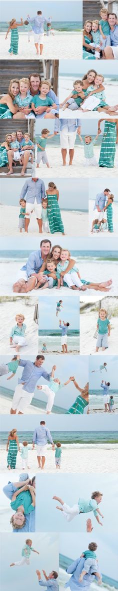 multiple images of people in different poses on the beach, with one woman holding her arms out