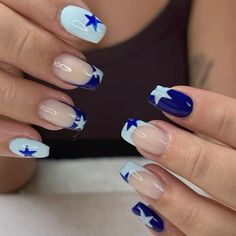 #nails #nailart #naildesign #nailtech #french #frenchies #frenchnails #stars #blue Cool Blue Nails, Dark Blue Nails, Blue French Tips, Colourful Nails, Simple Gel Nails, Blue Y2k, Star Nails, Tip Nails, French Tip Nails