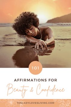 a woman laying on her stomach in the water with text saying 101 affirmations for beauty