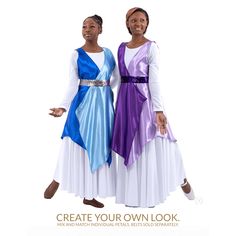 two women in colorful dresses standing next to each other with the words create your own look