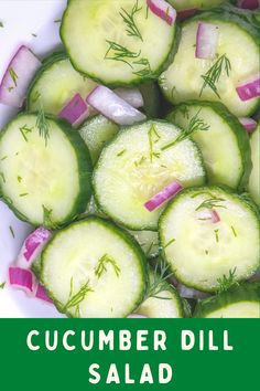 cucumber dill salad in a white bowl on a green and white background