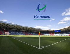 an empty soccer field with the words hampden on it and a flag in the middle