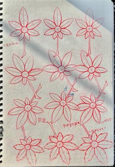 a notebook with drawings of flowers drawn on it's side and in red ink