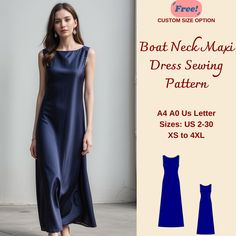 a woman in a blue dress with the text boat neck magic dress sewing pattern on it