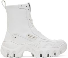 Ankle-high paneled buffed faux-leather boots in white. · Lace-up closure · Logo embossed at vamp and padded tongue · Pull-loop at heel collar · Rubberized logo patch at outer side · Zip closure at inner side · Sculptural rubber platform midsole · Lugged rubber outsole · Platform: H2 in Supplier color: White White Ankle Boots, Characters Inspiration, Boots White, Faux Leather Boots, White Boots, Moto Boots, Stage Outfits, Platform Boots, Timberland Boots