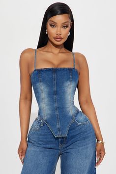 Available In Medium Wash And White. Denim Corset Top Sleeveless Adjustable Straps Seam Detail Square Neck V Hem Back Zipper Closure Stretch 69% Cotton 30% Polyester 1% Spandex Imported | Harley Denim Corset Top in Medium Wash size Small by Fashion Nova