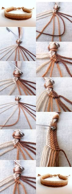 four pictures showing how to make an ornament with yarn and leather threads