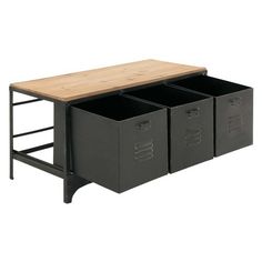 three storage bins with wooden top and metal frame on each side, one is black