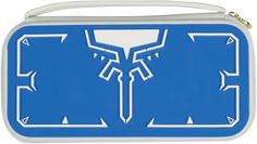 a blue and white purse with arrows on it