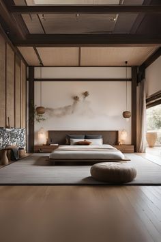 a large bed sitting on top of a wooden floor