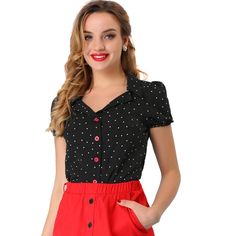 Looking for a versatile blouse that can be worn for a variety of occasions? Look no further than this stylish top! Featuring a range of unique and eye-catching details, including a camp collar, flat collar, elastic cuffs, bubble sleeves, and polka-dot pattern, this blouse is perfect for everything from casual weekends to important meetings and office wear. The contrast color piping adds a touch of feminine charm to this classic and elegant top, while the comfortable and lightweight material ensu