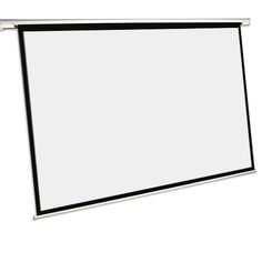 a white projection screen mounted to the side of a wall with an aluminum frame and black trim