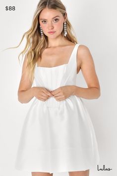 You'll always skip the line when you go out for the night in the Lulus Bubbly Love White Taffeta Corset Mini Dress! Structured taffeta, with a subtle sheen, provides perfectly flattering coverage as it shapes tank-style straps and a bustier-inspired bodice with supportive boning at the front. Skirt has a bubble-like, A-line silhouette and finishes at a flirty mini hem. Hidden zipper/clasp at back. Fit: This garment runs small - please size up. Length: Mid-thigh. Size medium measures 32.5" from s Dress With Corset Top, Annie Dress, Dress With Corset, Lulu Fashion, High Heels Boots, Corset Mini Dress, New Looks, Dress Medium, Heels Boots