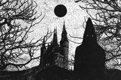 a black and white photo of a castle with trees in the foreground, an eclipse behind it