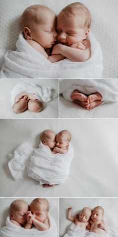 two babys cuddle together in white blankets on a bed with their heads touching each other