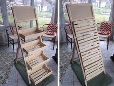 two pictures of a folding chair with drawers