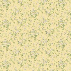 a yellow and blue flowered wallpaper with small white flowers on the bottom right corner