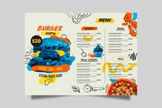 a menu for a burger restaurant with blue and orange designs on the front, white background