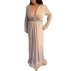 Jersey Dress With Sequin Belt B35 Beige V-neck Maxi Dress For Cocktail, Chic Beige Floor-length Evening Dress, Elegant Beige Empire Waist Maxi Dress, Elegant Beige Maxi Dress With Empire Waist, Beige Maxi Length Cocktail Dress, Dinner Gown Maxi Length, Maxi Length Gown For Dinner, Spring Dinner Gown In Maxi Length, Spring Dinner Gown Maxi Length