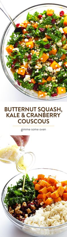 two plates filled with different types of food on top of each other and the words butternut squash, kale and cranberry couscous